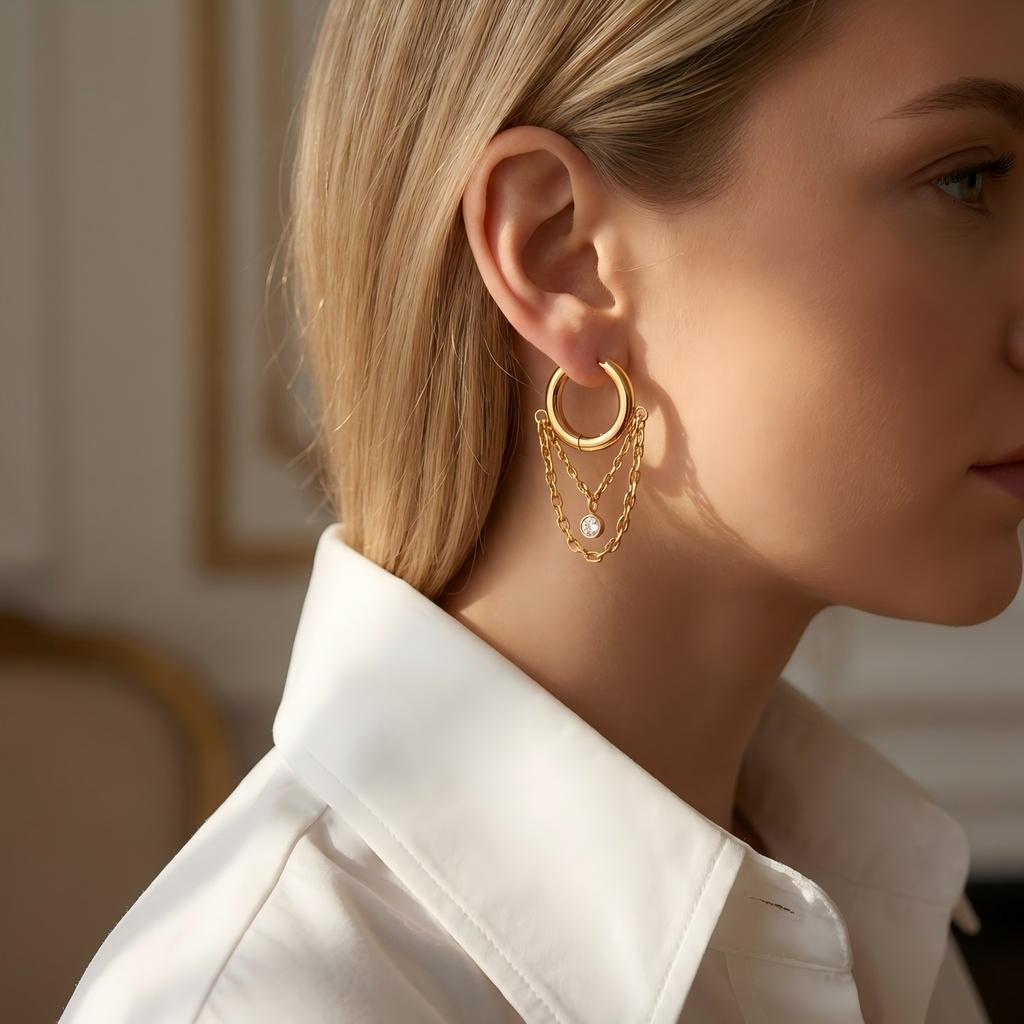 Gold Color Hoop Earrings with Chain Tassel Pendant Zircon Dangle Earrings for Women Stainless Steel Trendy Fashion Jewelry Gift