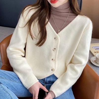 Autumn and Winter V-neck Solid Color Knitted Cardigan Top Women's Loose Lazy Style Sweater Jacket Versatile Commuter Style