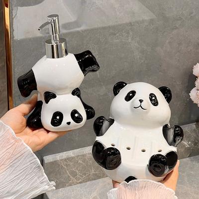 Creative Black & White Panda Ceramic Lotion Bottle Toilet Bathroom Accessories Cartoon Animal Press Bottle Panda Soap Dish Decor