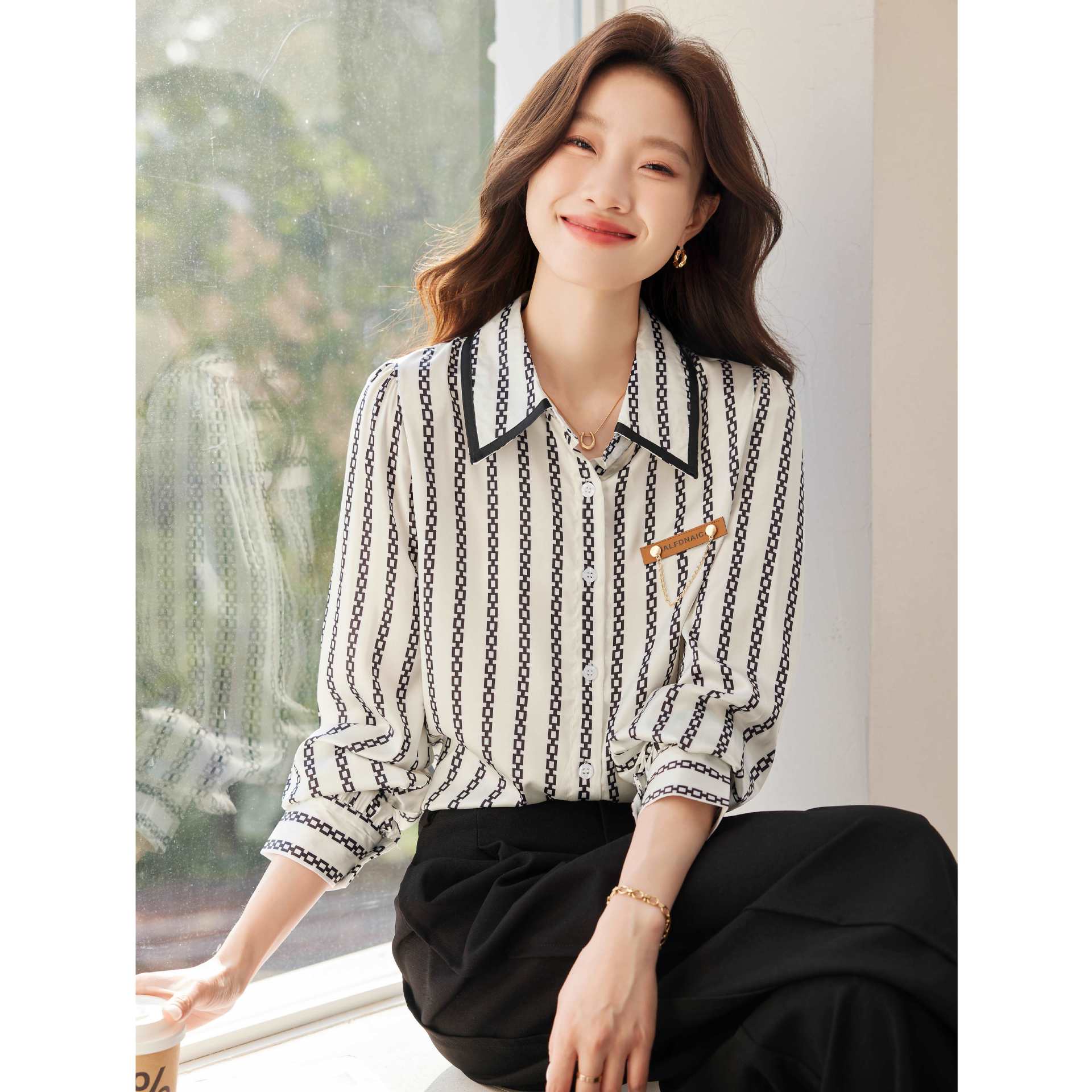 

Полосатая шифоновая рубашка для женщин на весну и осень Модный топ для женщин Базовая рубашка с длинным рукавом 2XL