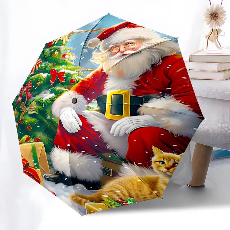 

1pc Christmas Santa Claus Automatic Opening/Closing Umbrella, Festive Gift for Fans, Travelers & Daily Use, Portable 3-Fold Design with 8-Bone Iron Fr
