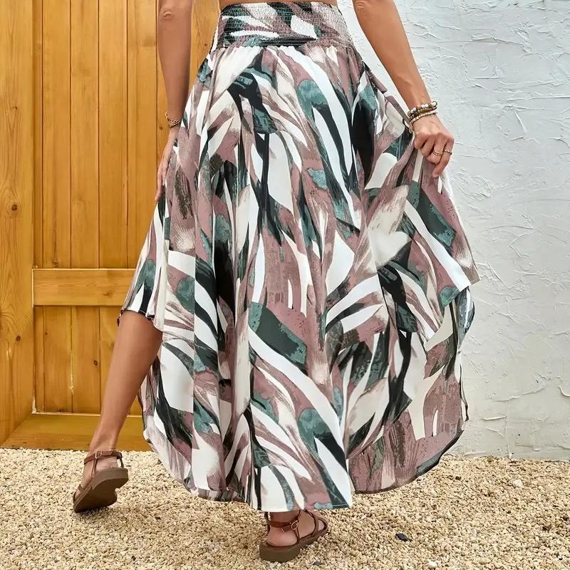 Vintage Floral Print Skirts Women Summer High Waist A-Line Pleated Elastic Long Skirts Casual Holiday Beach Skirt