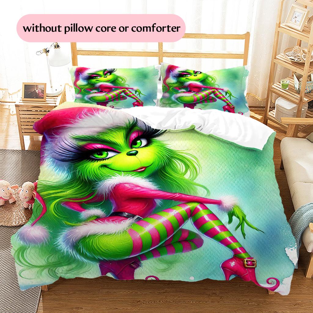 1PC Grinch Pattern Bedding Quilt Set Quilt Cover Pillowcase Home Decoration Birthday Gift (1 * Duvet Cover + 2 * Pillowcase, Without Core)