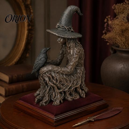 Mystical Witch Deco Halloween Tree Statue, Gothic Crow Resin Figurine, Decor Dark Fantasy Enchanting Ornament, Holiday Party Supplies Figurine