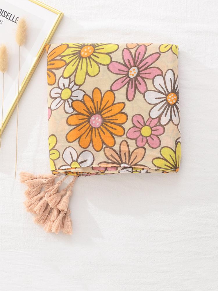 Elegant Women Sweet Floral Print Tassel Beach Silk Scarf Shawl Femme Mujer Pareo Muffler Bufandas Stoles Hijab Bandana Summer