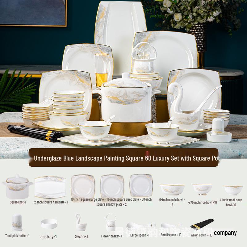 2024 New Luxury Glazed Ceramic Bowl and Plate Set with Chopsticks – High-Temperature Housewarming Gift