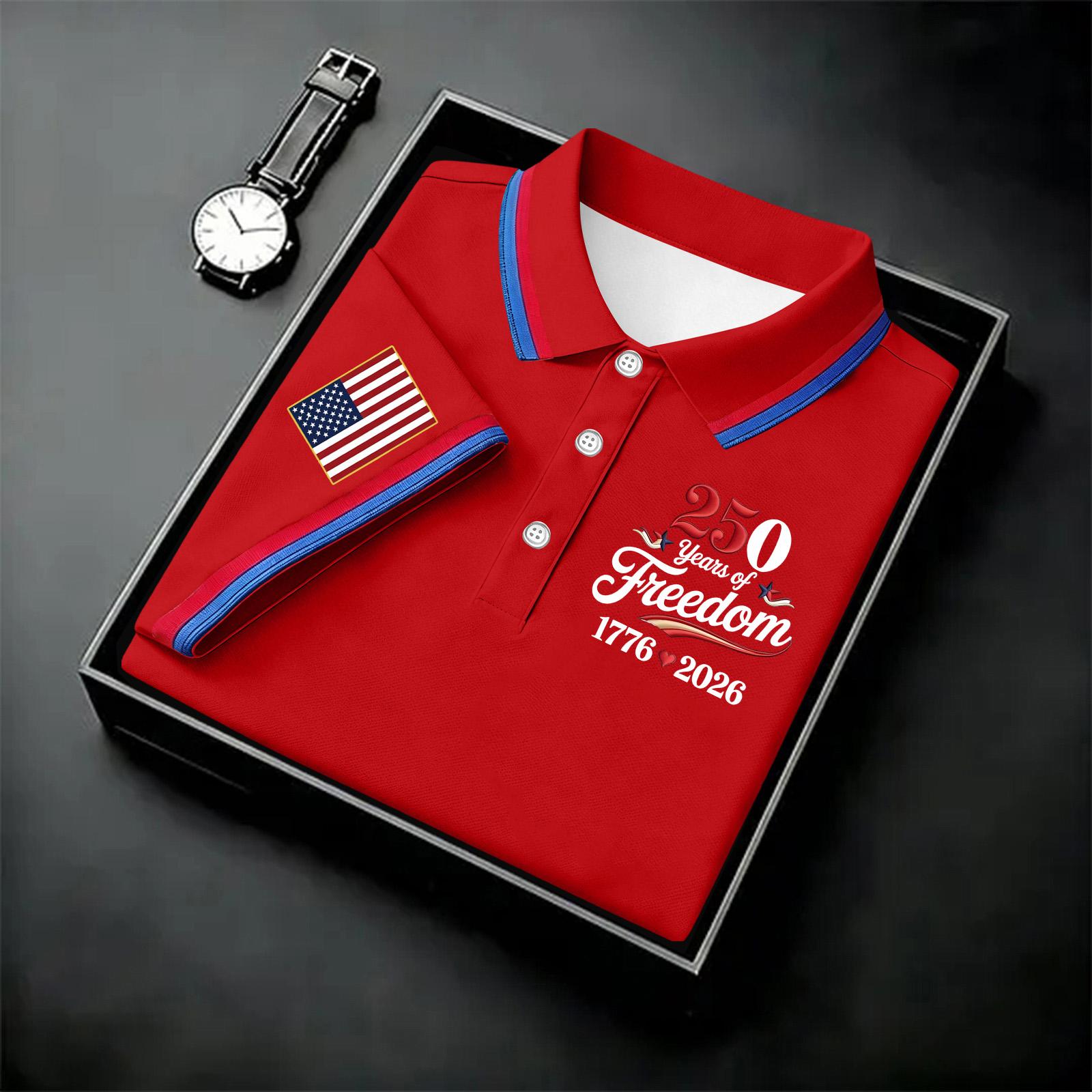 

Men s Vintage Polo Shirt Short Sleeve Collared Shirt Independence Day 250 Years of Freedom Printed Design 1776 to 2026 Commemorative Apparel XXXL красный