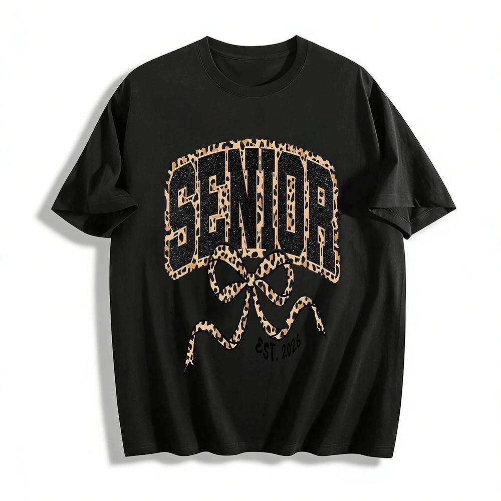 Senior 2026 Leopard Print Bow Graduation Casual Tee Pure cotton T-shirt XXS