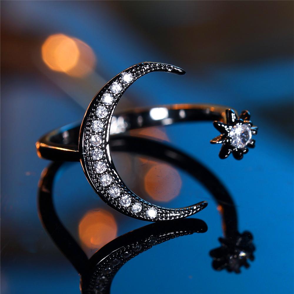 Charm Female Crystal Moon Star Open Ring Black Gold Color Vintage Wedding Jewelry For Women