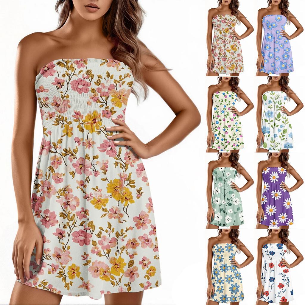 Women Summer Dress Casual Swing Floral Print Ruffle Short Sleeve Sundresses Beach A-line Dress With Pockets