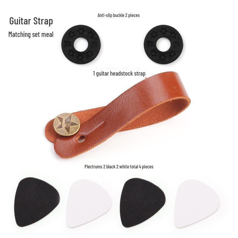 Non-Slip Guitar & Ukulele Strap with Buckle and Plectrum Set Headstock Strap + 4 Picks + 2 Non-slip Buckles