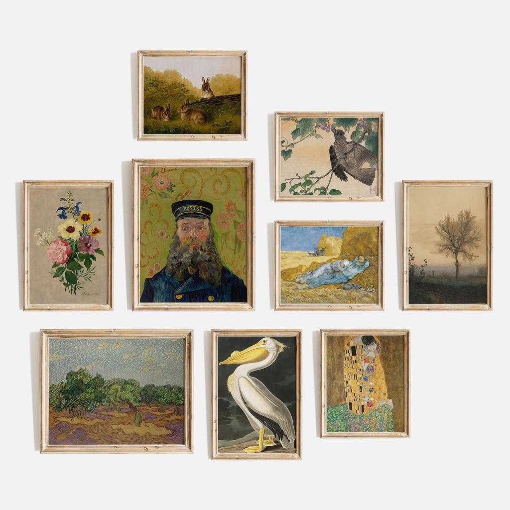 TheCanvas Vintage Wall Art Prints Set of 9, Eclectic Nature Wall Art for Living Room, French Country Landscape Painting, Gallery Wall Decor for