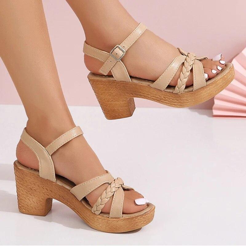 Women Roman Weaving Thick Heel Sandals Ankle Strap Chunky Platform Sandals Summer Buckle Fashion Comfortable Shoes