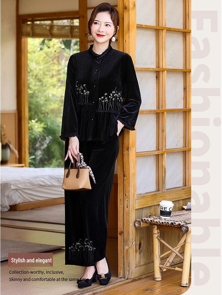 Set elegant din catifea aurie din două piese pentru primăvară și toamnă pentru femei, stil chinezesc nou pentru vârsta mijlocie și vârstnici