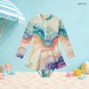 Girls High Neck Long Sleeve One Piece Swimsuit Printed Front Zip Skirt Hem