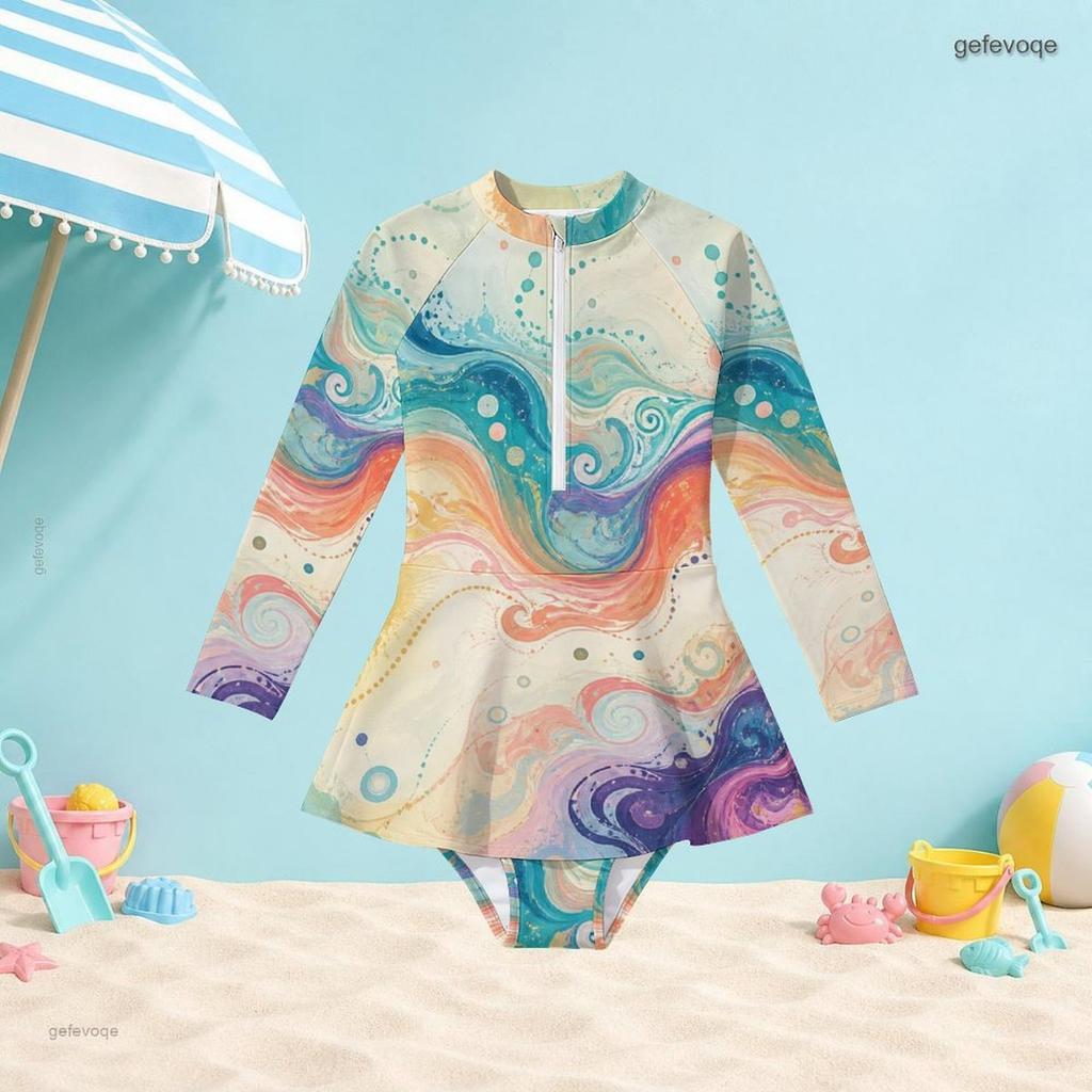Girls High Neck Long Sleeve One Piece Swimsuit Printed Front Zip Skirt Hem