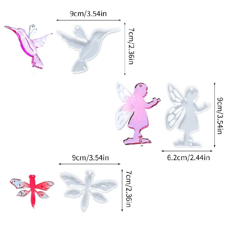 Pack of 3 Hummingbird Dragonflies Girl Themed Silicone Molds Double Hole Pendant Craft Tool for Creative Art Projects