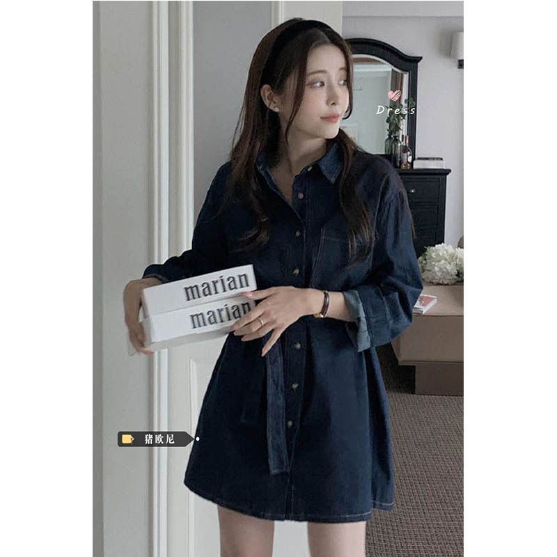 

Chic Ouni Retro Polo Collar Denim Dress Dark Blue XL