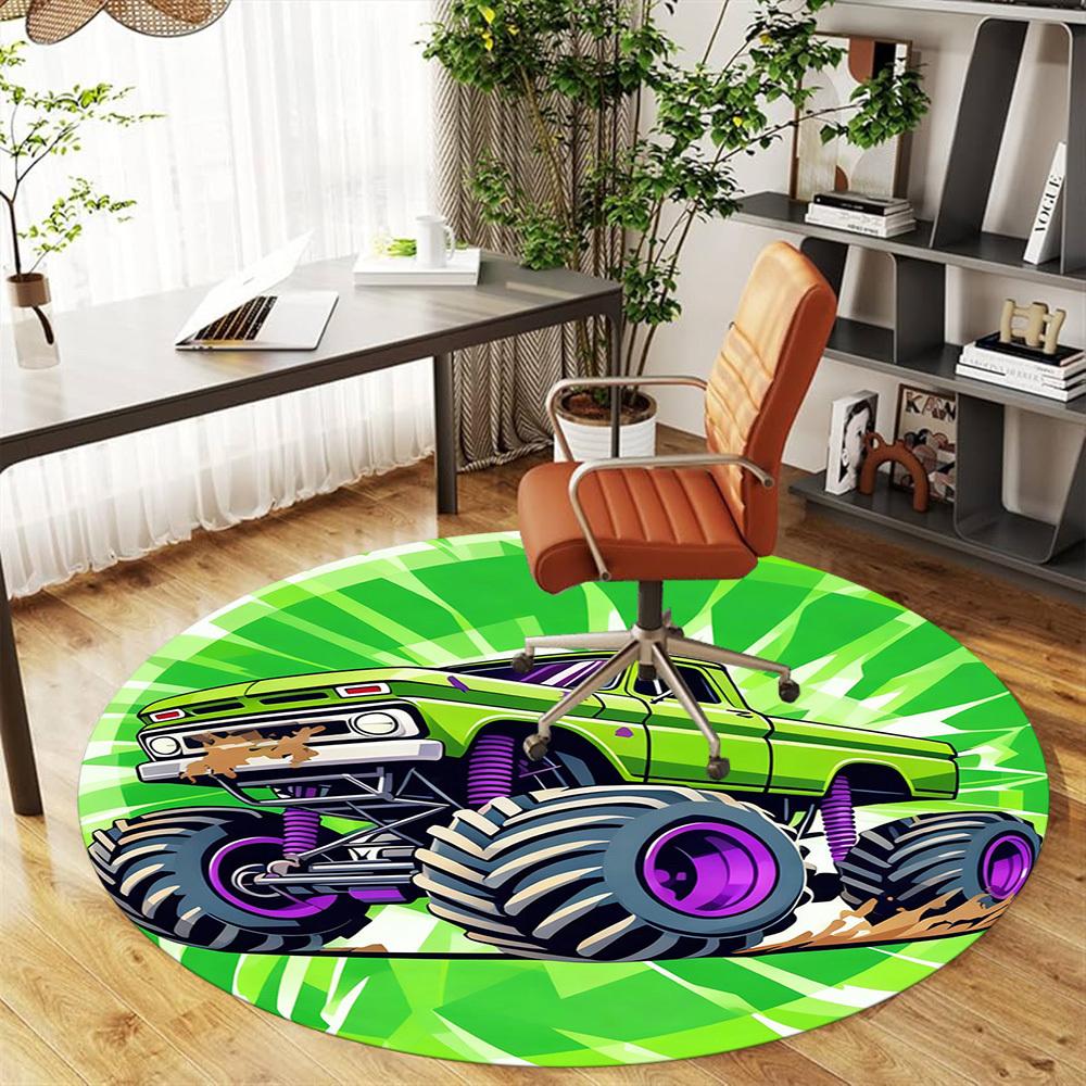 1PC Monster Truck Round Chair mat Area Rug - Non-Slip, Floor Mat for Office, Bedroom, and Indoor Decor -Gift D1127196