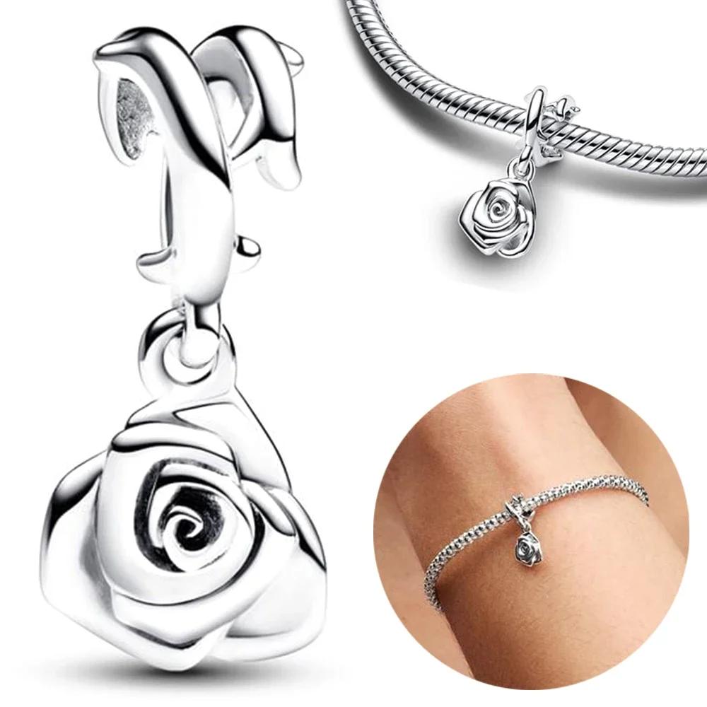 925 Silver Rose Bloom Necklace Earrings Set Women Gift Jewelry Original Charm Beaded Collection