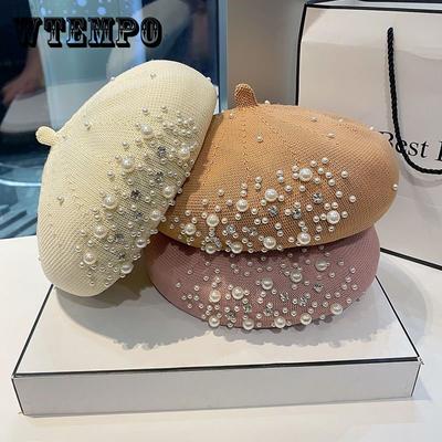 Winter Wool Beret with Rhinestone Pearls Beads Female Elegant Cap Autumn Spring Hat Women Solid Color French Style Cap