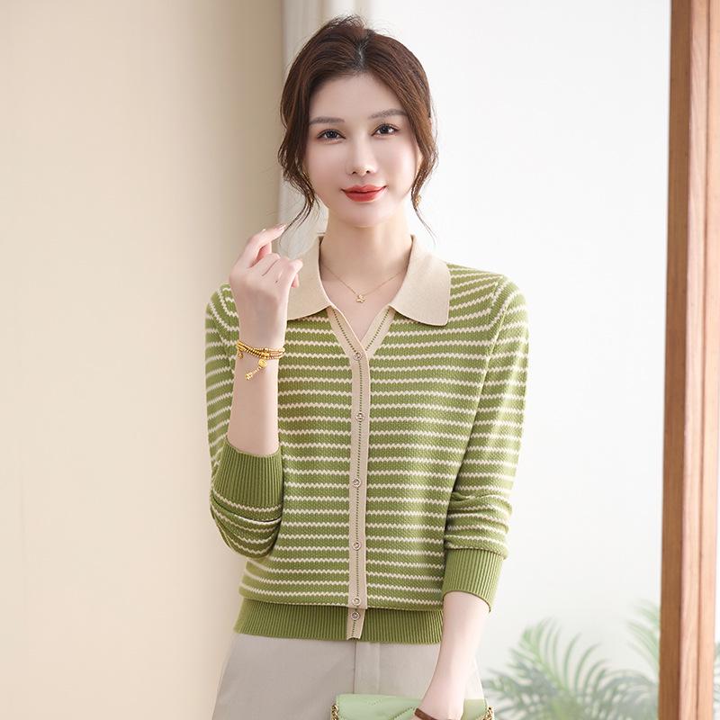 

Spring & Autumn Striped Knit T-shirt with Lapel, Fashionable Base Layer for Mothers & Elderly Women XL (suggested weight 120-130 jin)