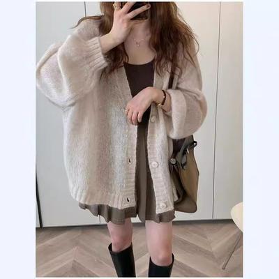 Popular Lantern Sleeve Jacket Women's Spring and Autumn Shirt Loose Lazy Solid Color Mohair Sweater Women's Thin