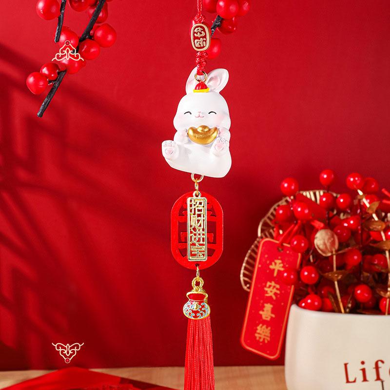 2024 New Year Rabbit Car Pendant Car Mirror Cute Rabbit Decoration Ornament Hanging Valentine's Day Gift Automotive Interior