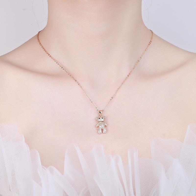 925 Sterling Silver Gold Rose Gold Cute Bear Pendant Necklace Sweet Personality JewelryGood product