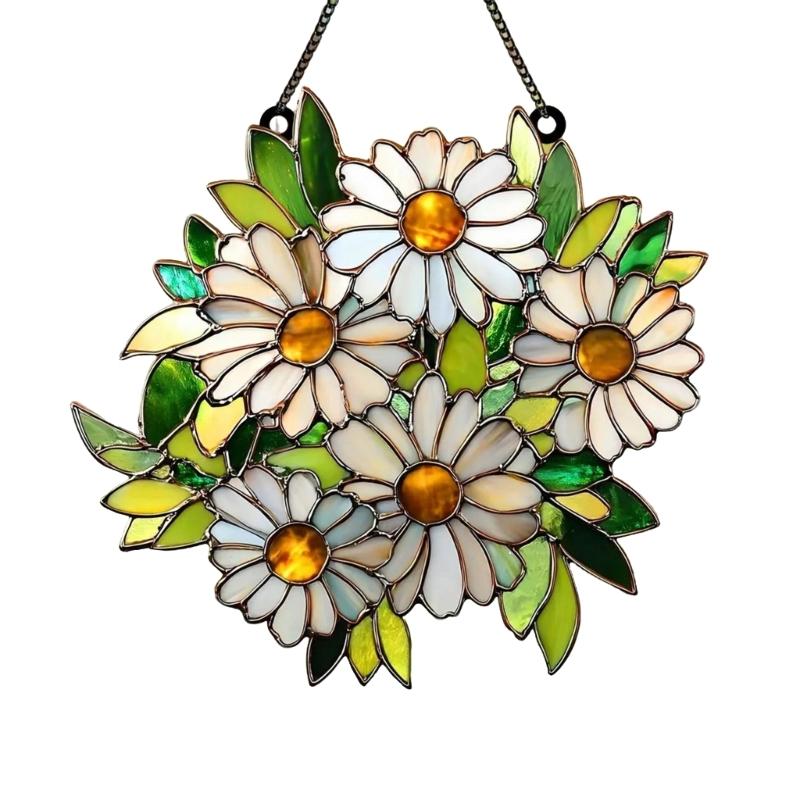 652F Stained Glass Window Hanging Birds Sunflowers Sun Catcher for Window Door Home Decors Fake Green Plant Suncatchers