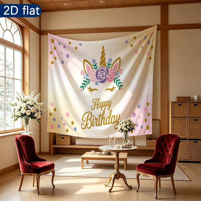 Happy Birthday Gifts Unicorn Backdrop Banner, Pastel Polyester for Party Decor & Photo Booth