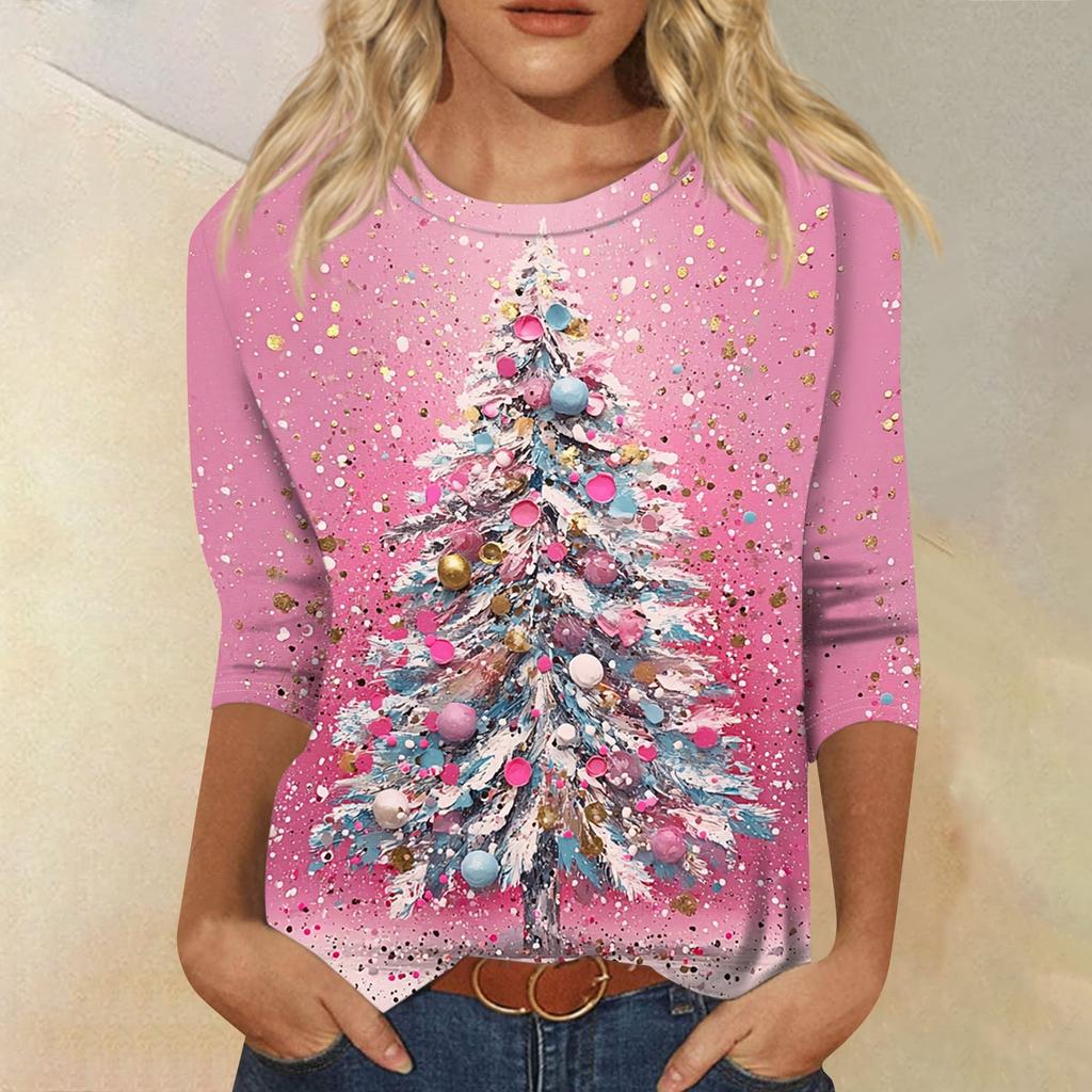 Women's Fashion Casual Round Neck 3/4 Sleeve Loose  Printed T-Shirt Ladies Top