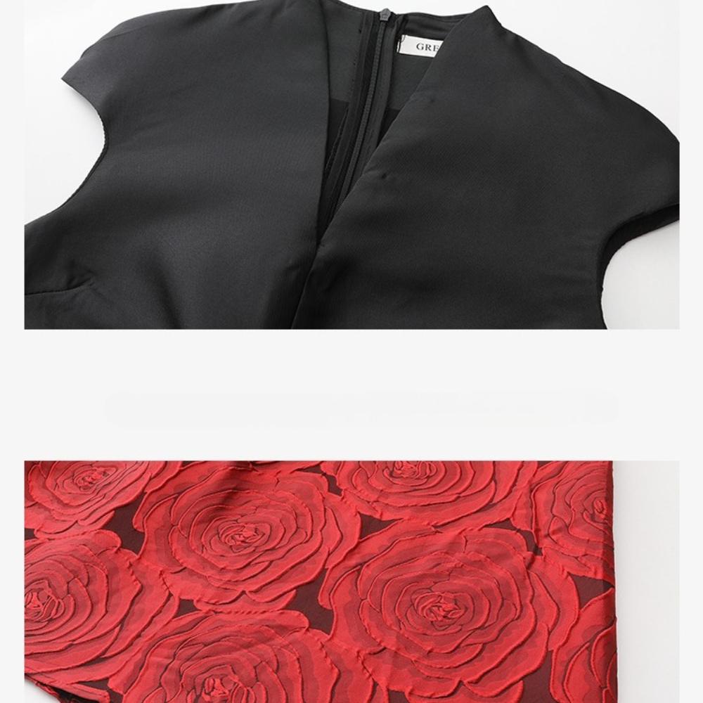2026 Spring New Arrival Elegant V-neck Red and Black Patchwork Jacquard Wedding Party Dress