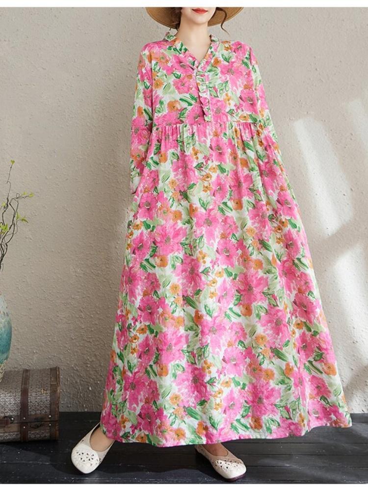 Long Sleeve Plus Size Cotton Vintage Floral New In Dresses for Women Casual Loose Spring Autumn Dress