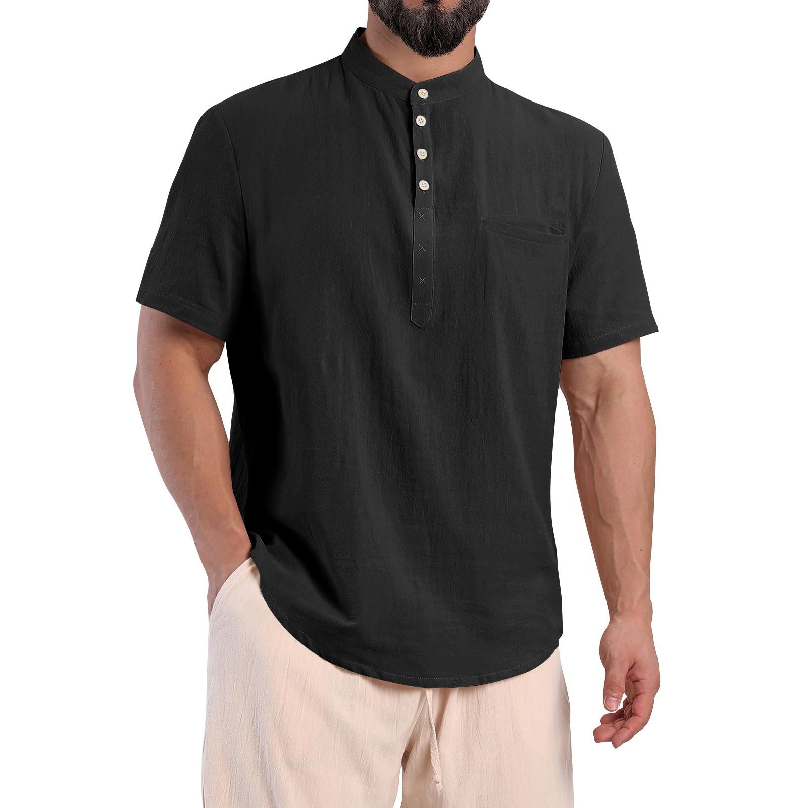 

Мужская однотонная рубашка с коротким рукавом из хлопка и льна с воротником-стойкой и карманами на пуговицах L чёрный