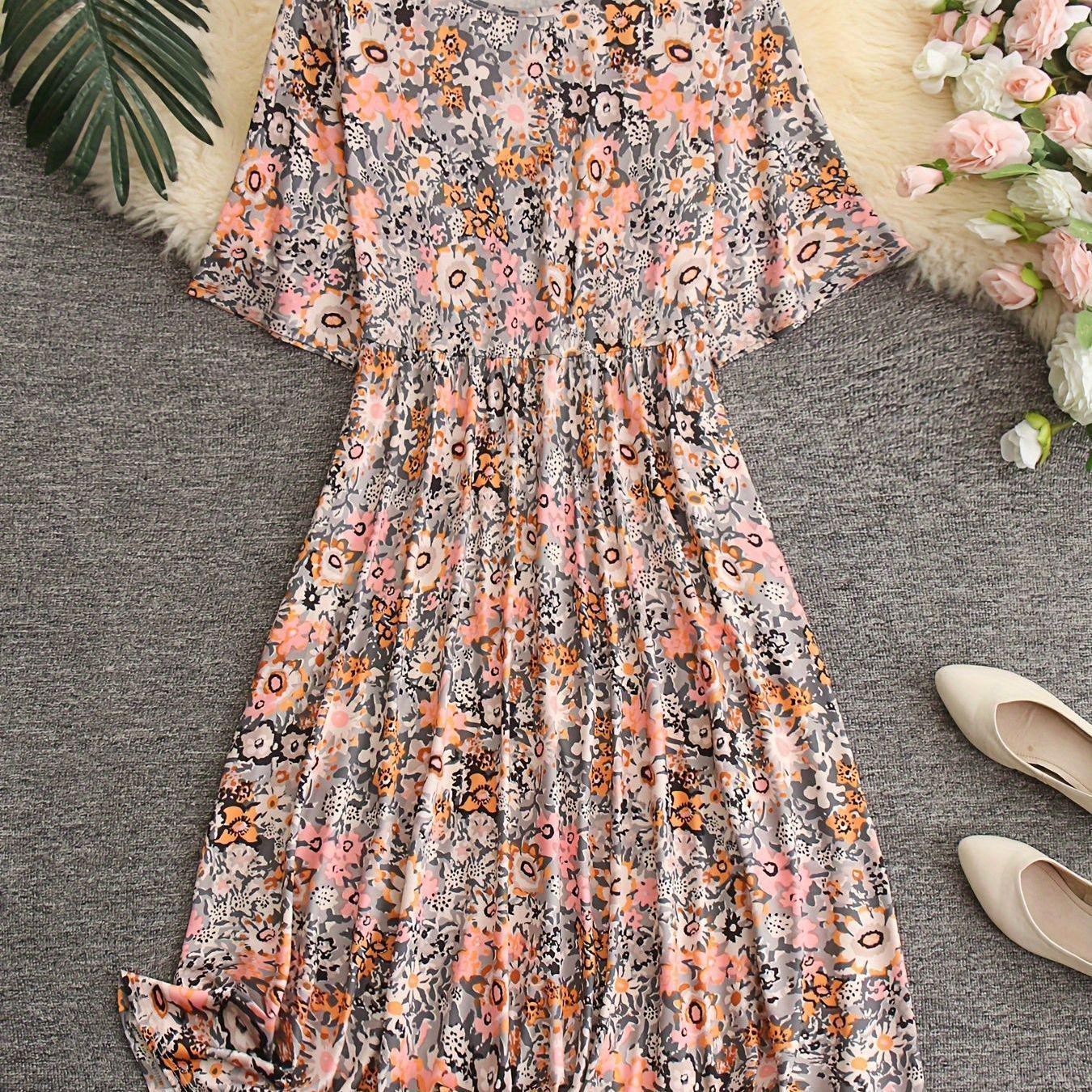 Plus Size Floral Print Mid-Sleeve Dress with Pockets 0XL