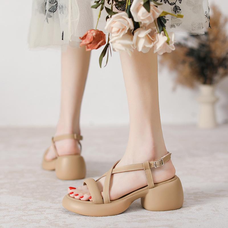 Open-toed thick-soled muffin fairy sandals female leather new summer high-heeled waterproof table thick-heeled shoes