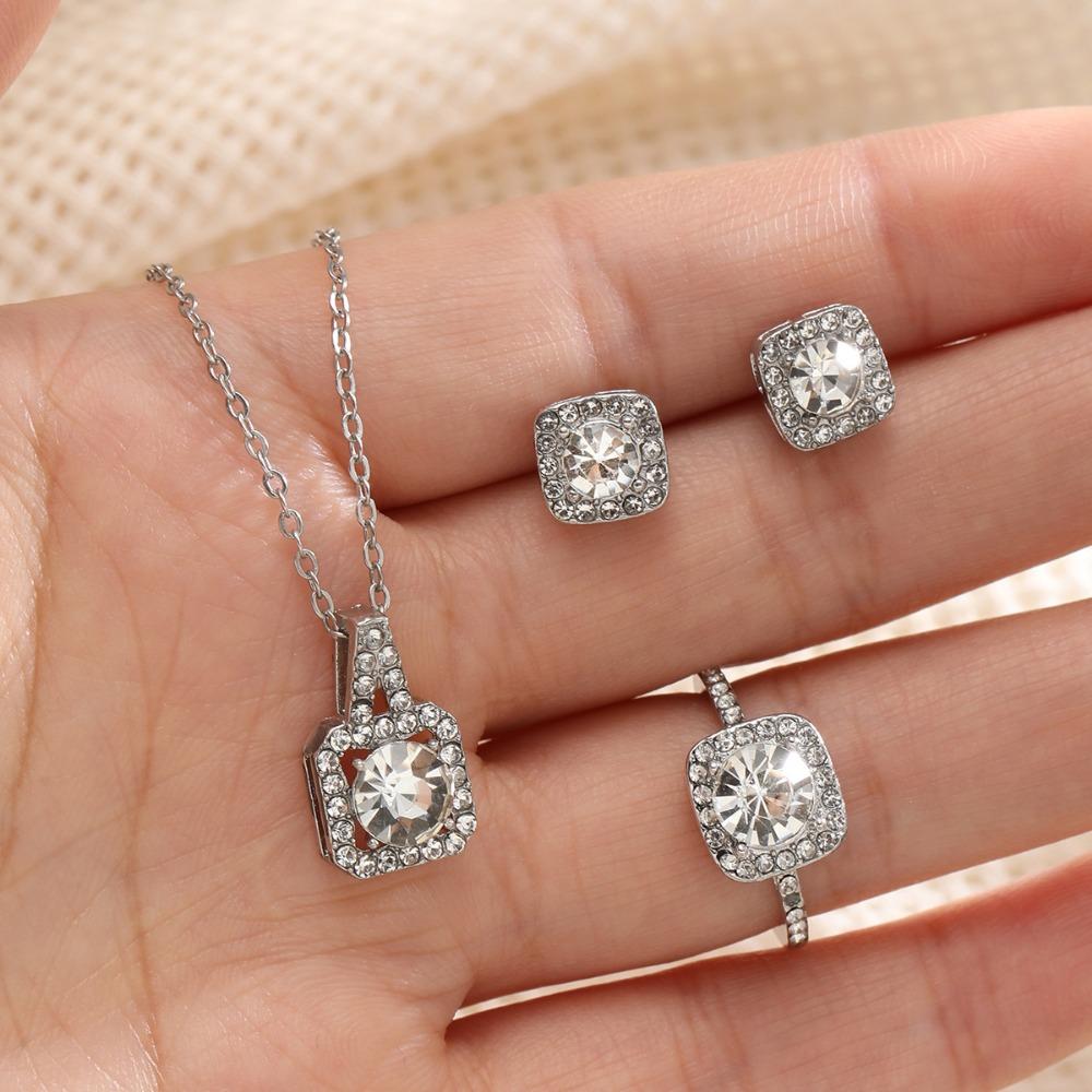 Elegant Geometry Gold Silver Color Zircon Imitation Pearl Necklace Earring for Women Jewelry Set Fashion Party Gift 4Pcs