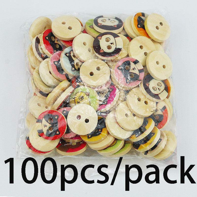 (100pcs/pack)15mm Wooden Cat Pattern Button Printing Cartoon Clothing Sewing Accessories Handmade Decoration Cat Clothes Toy