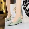 Fashion Patent Leather Shallow Mouth Pointed Toe Hollow Back Strap High Heels Shoes Rhinestone Buckle Wedges  Lady Pumps