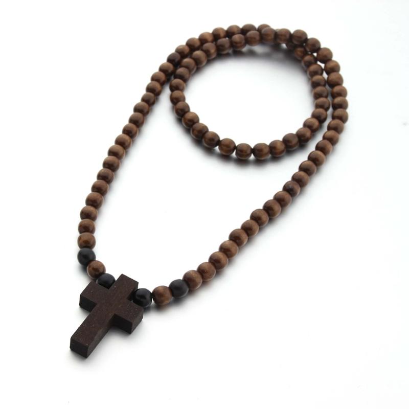 Classic Natural Wood Beads Crucifix Pendant Necklace for Men Women Religious Rosary Jewelry Handmade Prayer Accessories