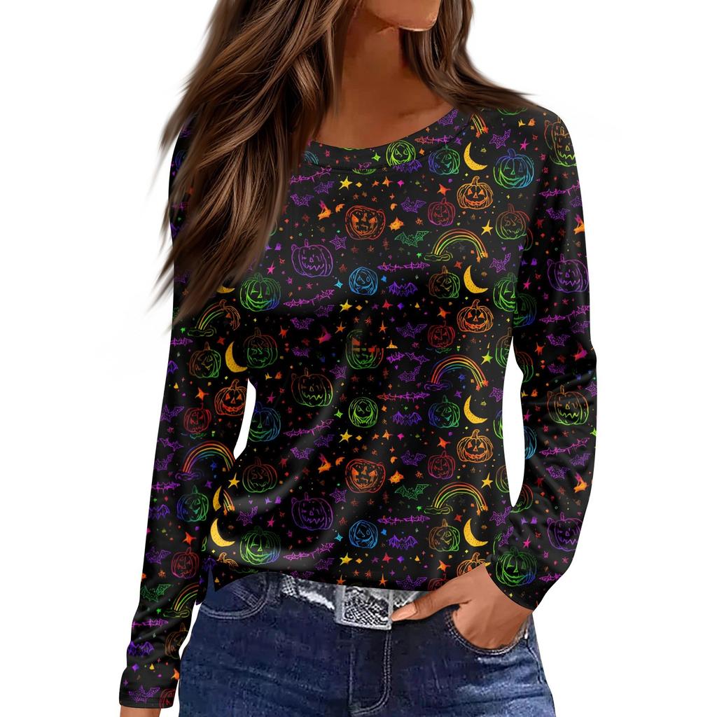 Women's Fashion Casual LongSleeve Print Round Neck Pullover Top Blouse