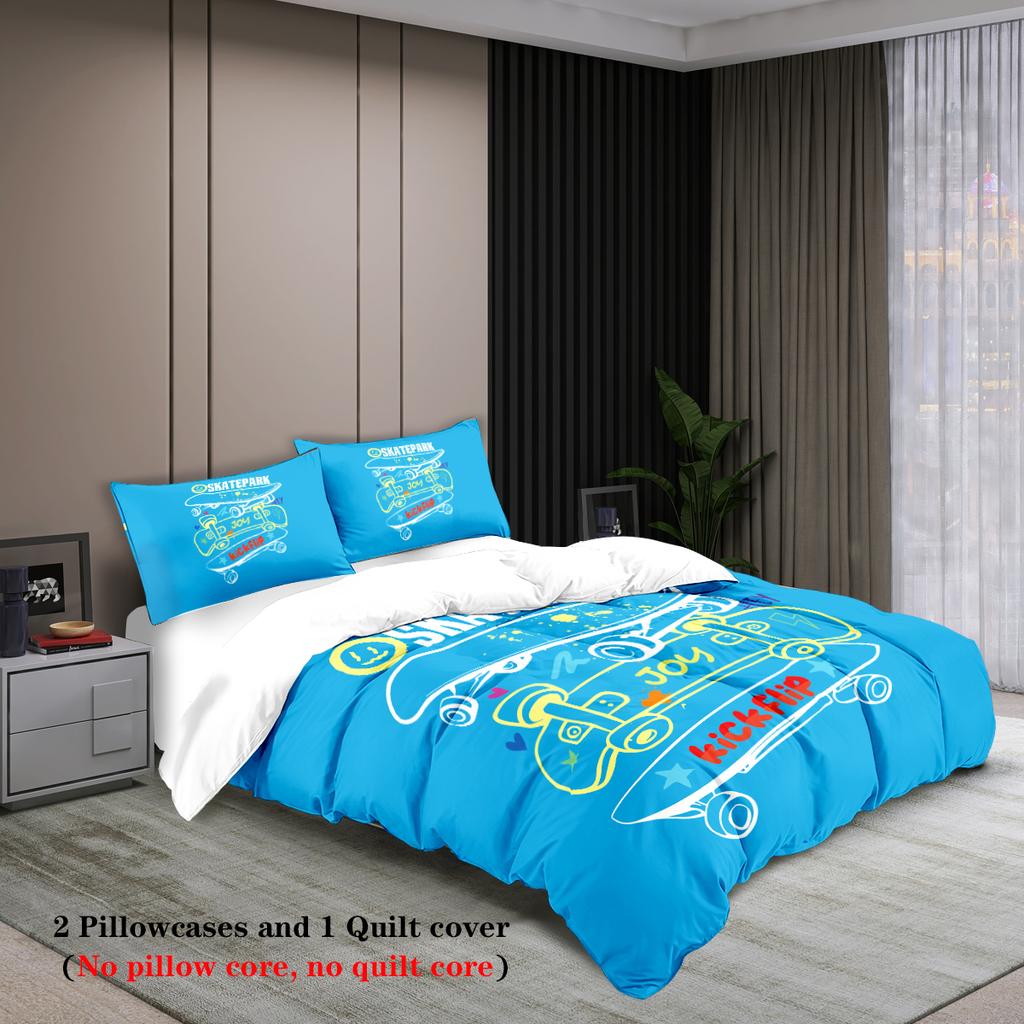 3-piece set, cartoon skateboard pattern printed bedding set, queen, king, double bed, party  funny and creative bedding set
