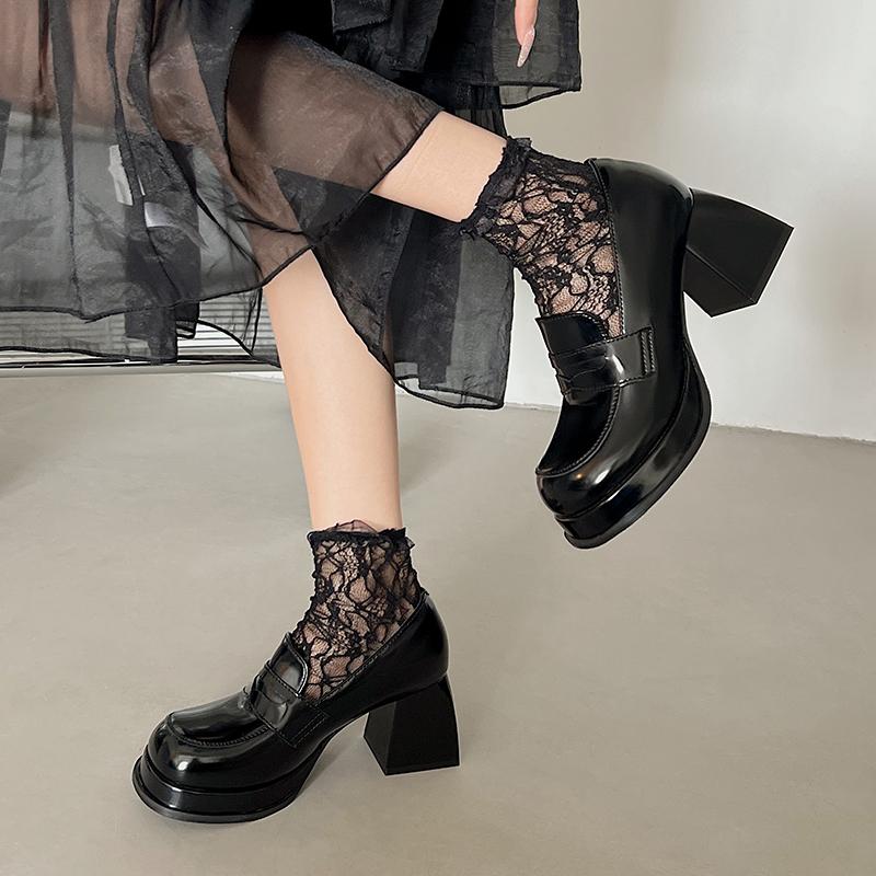 Fashion 2025 New Vintage Patent Leather Platform Women Pumps Shoes Fashion Shallow Slip On Shoes Spring Autumn Thick Heel Shoes
