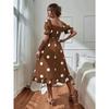 Women's Polka Dot Midi Dress Square Neck Puff Sleeve Fit and Flare Party Dress