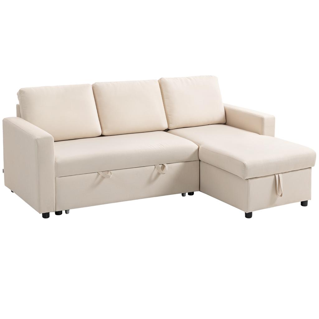 Divano angolare modulare convertibile con chaise longue reversibile, contenitore e 3 cuscini schienale, color crema