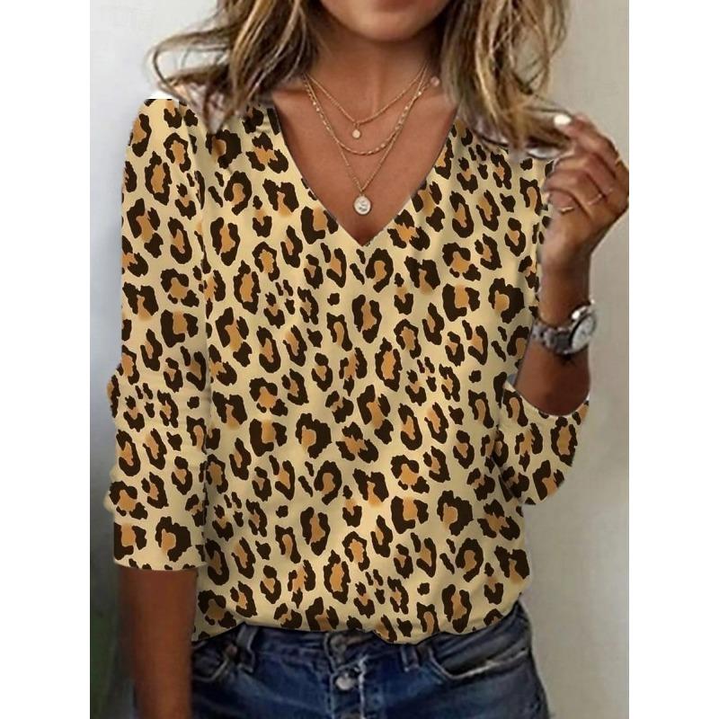 Women's Tunic T Shirt Print Graphic Leopard Color Block Vintage Stylish Casual Long Sleeve V Neck Regular Tops Daily Sports Weekend Blue Khaki Fall