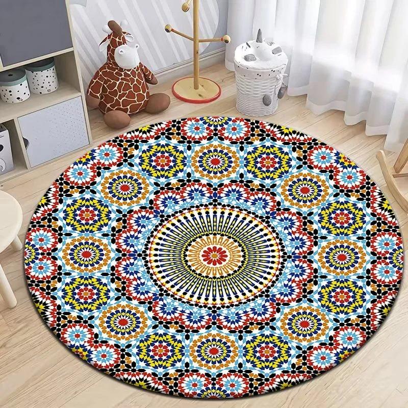 Moroccan Style Print Round Living Room Area Rug Camping Picnic Mat Non-Slip Yoga Door Floor Mat