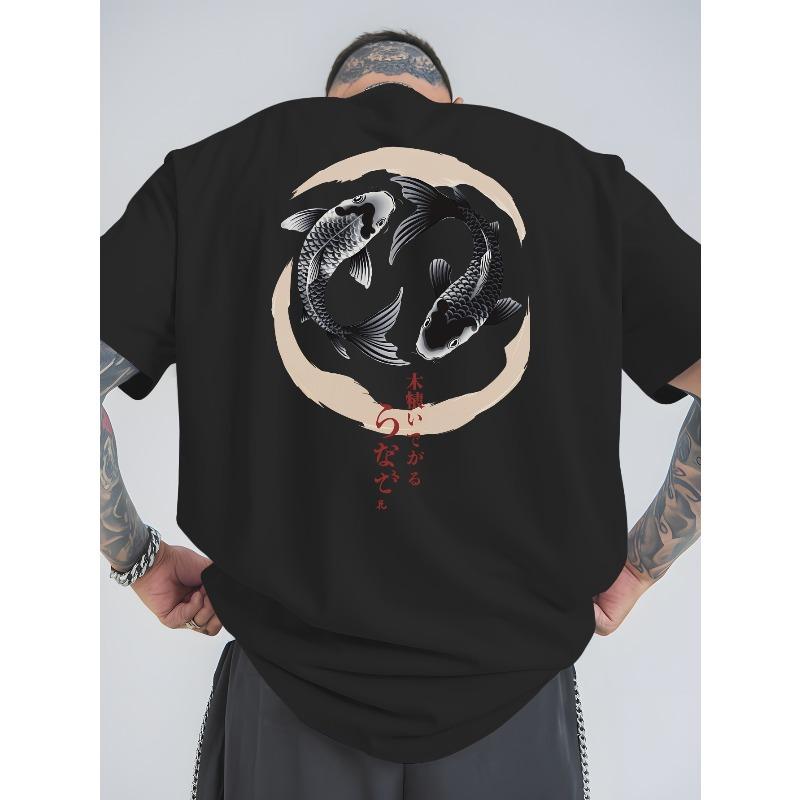 Japanese Style Carp Summer Outdoor Sports And Casual Large-Size Short-Sleeved T-Shirts, Men'S Trendy Fashion Prints, Loose Base Shirts
