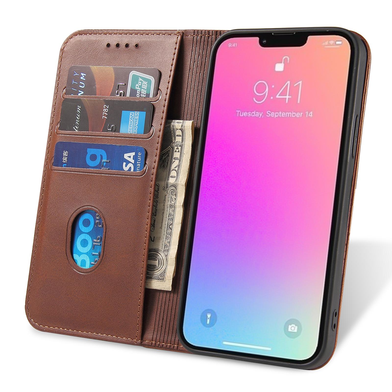 

For iPhone 13 Pro 6.1 inch Cell Phone Case Wallet Magnetic Leather Stand Calf Texture Phone Cover Brown